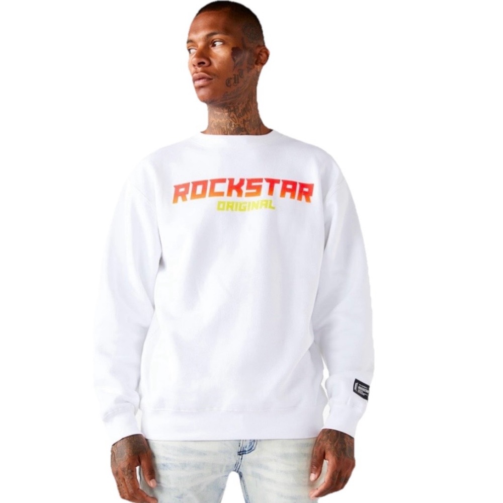 Rockstar Original Men’s White Crewneck Cotton Sweater Red & Blue Logo Size XL